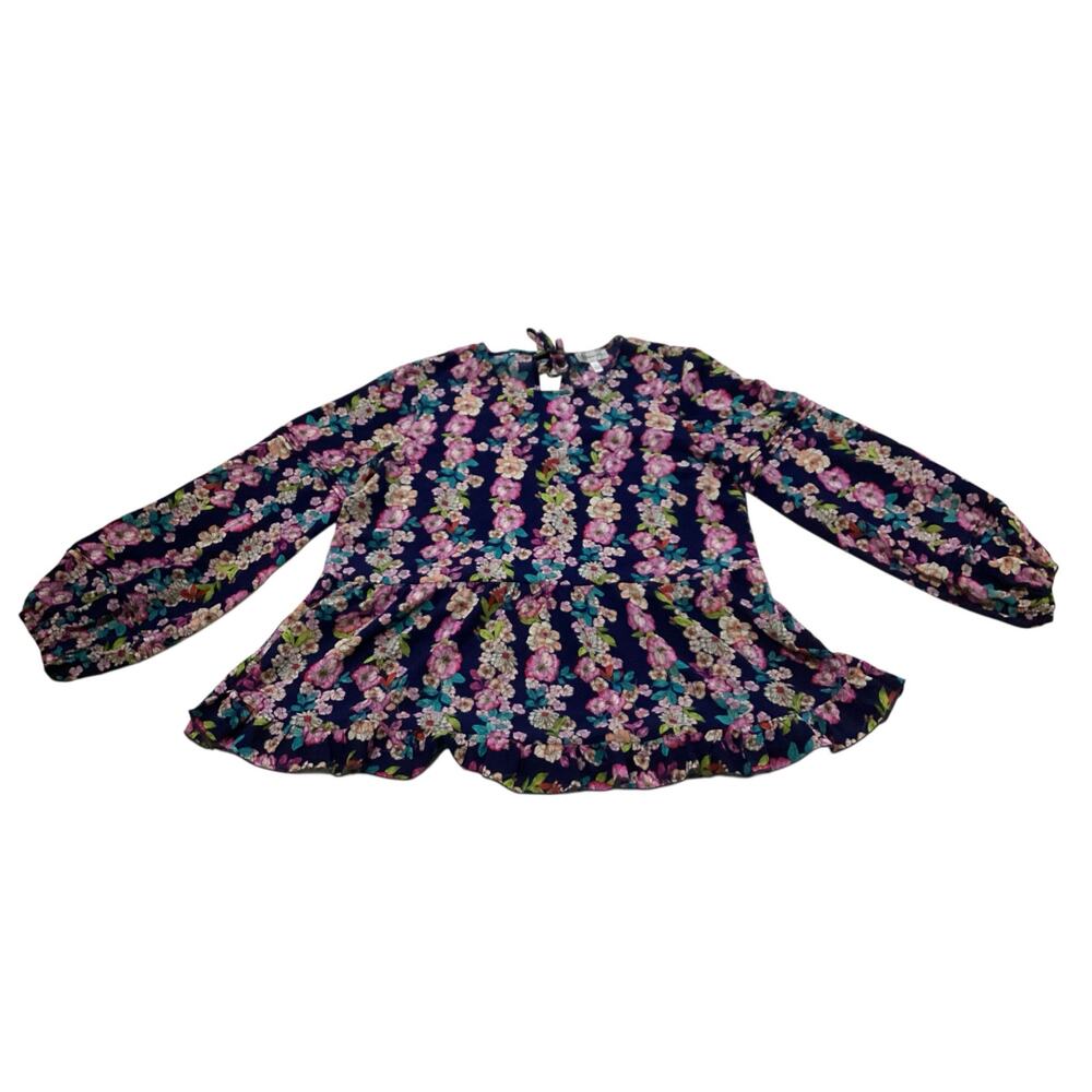 Neiman Marcus Floral Peplum Blouse Long Sleeve Navy L - Picture 3 of 6